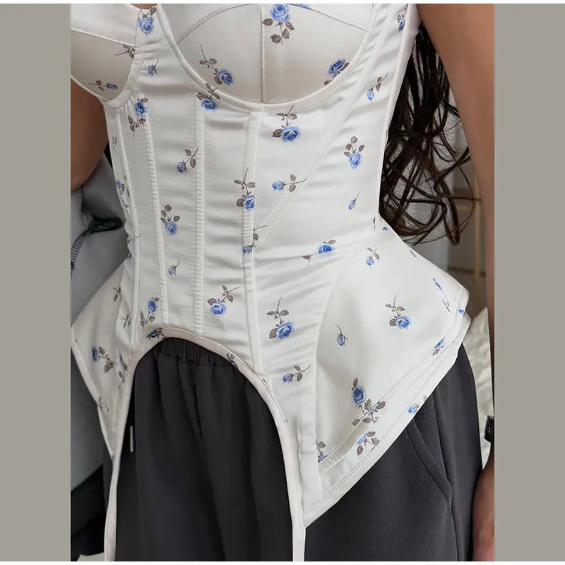 Sexy Print Fishbone Sling Tops Women Bandage Ribbon Patchwork Fitted Corset Female 2026 Summer New Chic Evening Party Tanks Lady