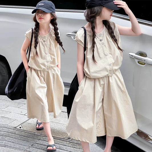 2025 Girls Summer Casual Outfit Big Kids Short Sleeve Top Capris Pants Two Piece Set Matching Big Kids Fashion Suit Holiday Wear