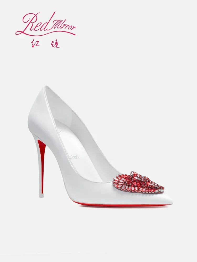 Red Bottom Love Water Diamond Shallow Mouth Pointed White High Heels, Women's Style Mingyuan Slim Heels