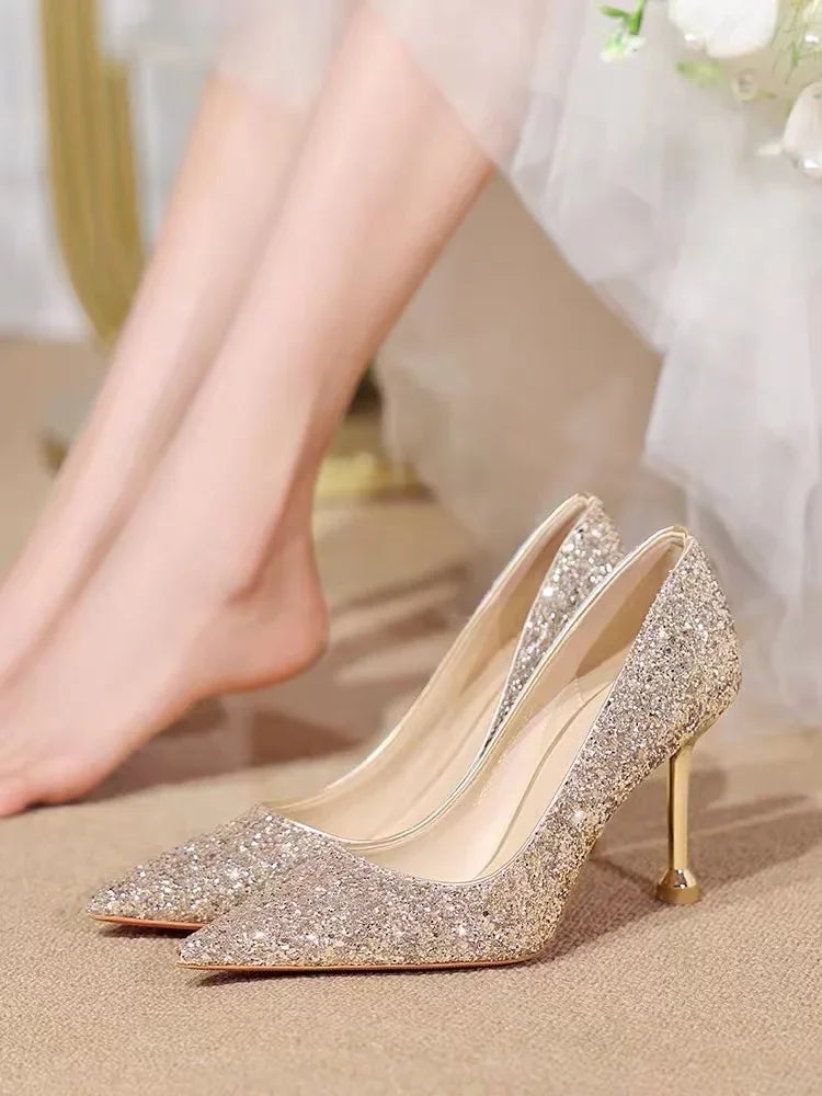 2025 New Women Pumps High Heel Metal Pointed Toe Shallow Sexy Ladies Bling Bridal Wedding Women Shoes White High Heels