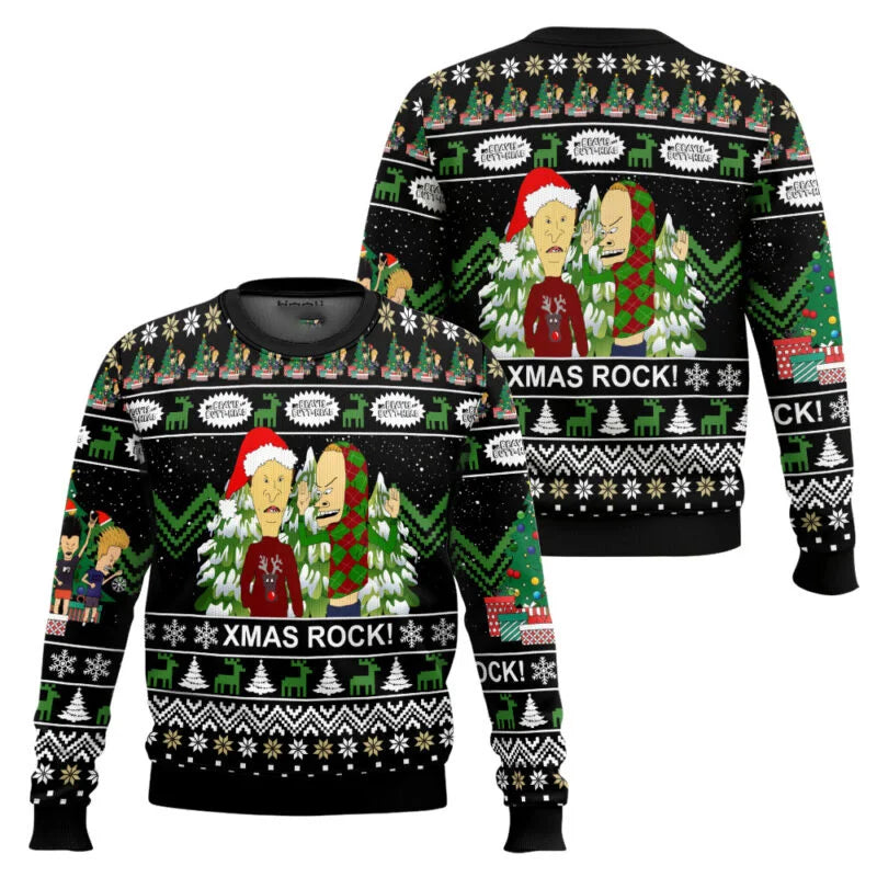 Xmas Rock Beavis and Butthead Ugly Christmas Sweater Cartoon Anime Women Men Pullover Tops New Fashion Couple Hoodie Sweatshirt BAZAARHUBO