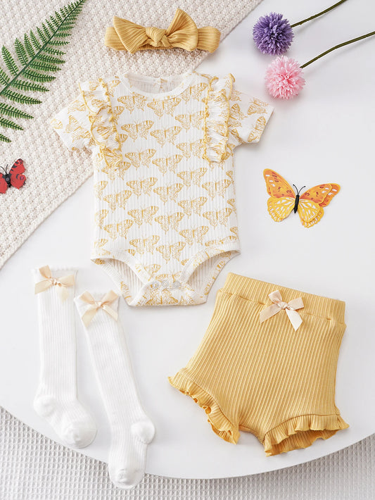 4-Piece Set of Newborn Baby Triangle Romper Outfit, Summer Short-Sleeved Romper, Lace Shorts, Socks, Headband, Cute and Fashionable Style Suitable for 1-12 Month Old Baby Girls to Wear When Going Out