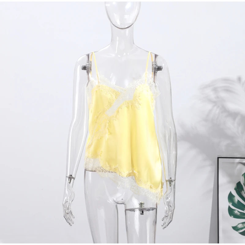 Lace Spliced Square Neck Spaghetti Strap Blouse Loose Fit Cropped 2026 Summer Women Chiffon Top Causal Delicate Lady Blusa