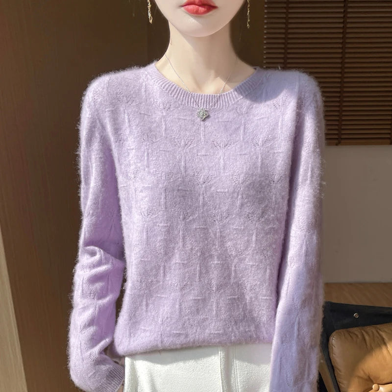 Women 100% Merino Wool Sweater Casual Hollow out Cashmere Blouse O-neck Pullover Tops Autumn Winter Warm Knit Woman Wool Sweater