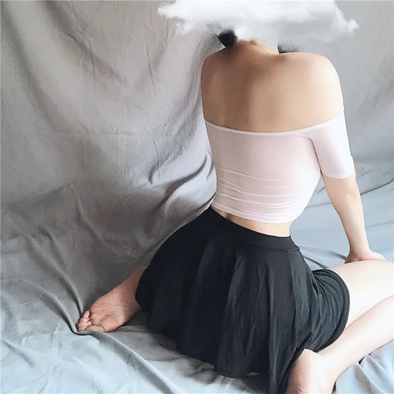 Sexy Pleated Skirts Women Flimsy Blouse See-through Sexy Bust Skirt Summer Solid Color Sexy Tempting High Waist A-line Skirt