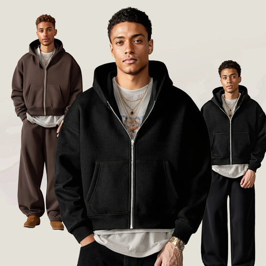 Men Fashion Hooded Sweatshirt and Jogger Pants Set Autumn Winter Thick Warm Tracksuit Men Solid Color Casual Sportswear Zipper
