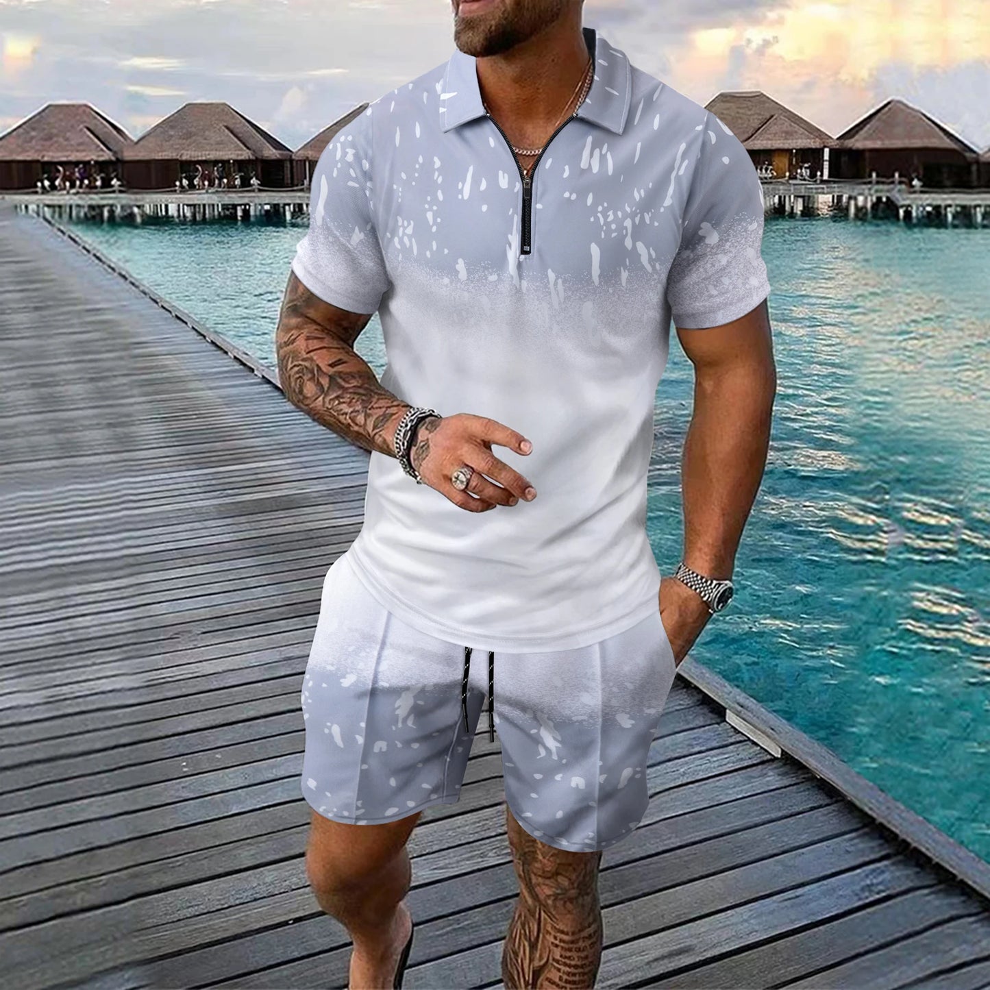 Interesting Men's Short Sleeved Set 3D Checkered Printed Fashionable Zipper Polo Shirt Suit Loose Summer T-shirt Set Ropa Hombre