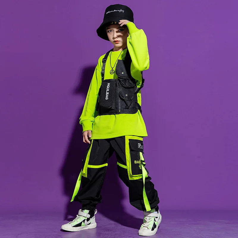 Boys Hip Hop Cool Vest Girls Cargo Pant Outfit Child Sweatshirt Chest Bag Joggers Street Dance Kids Streetwear Costume Sportwear