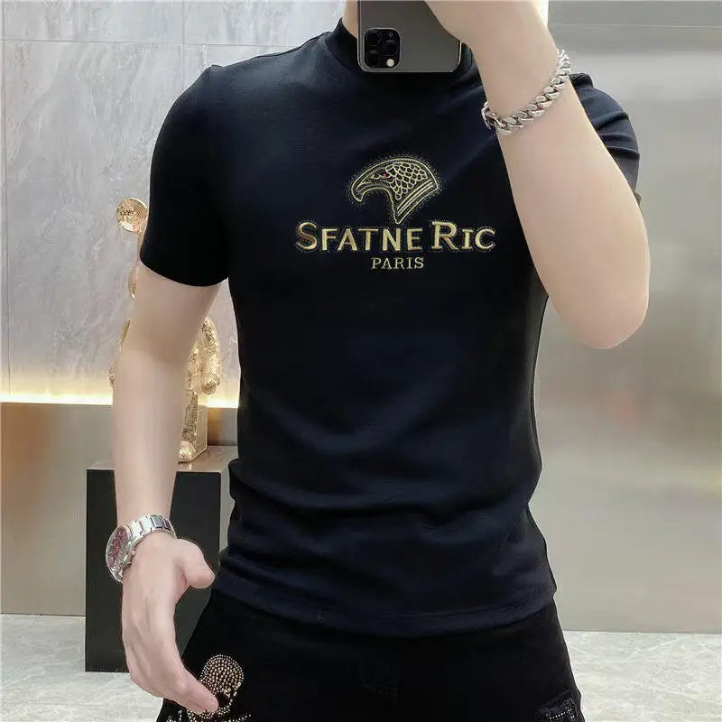 Luxury Rhinestone Summer Men's T-shirt Slim Fit Short Sleeve Casual T-shirt Male Round Neck Business Social Tee Top Men Clothing