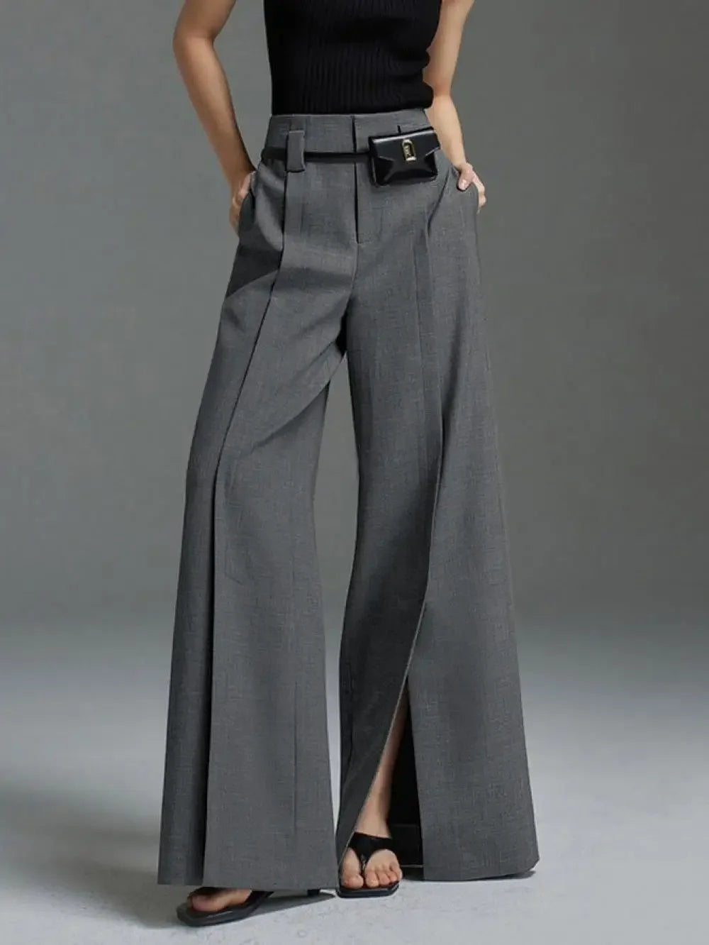 Yeezzi Women Business Suit Pants High Waist Pleated Split Front Trousers Black