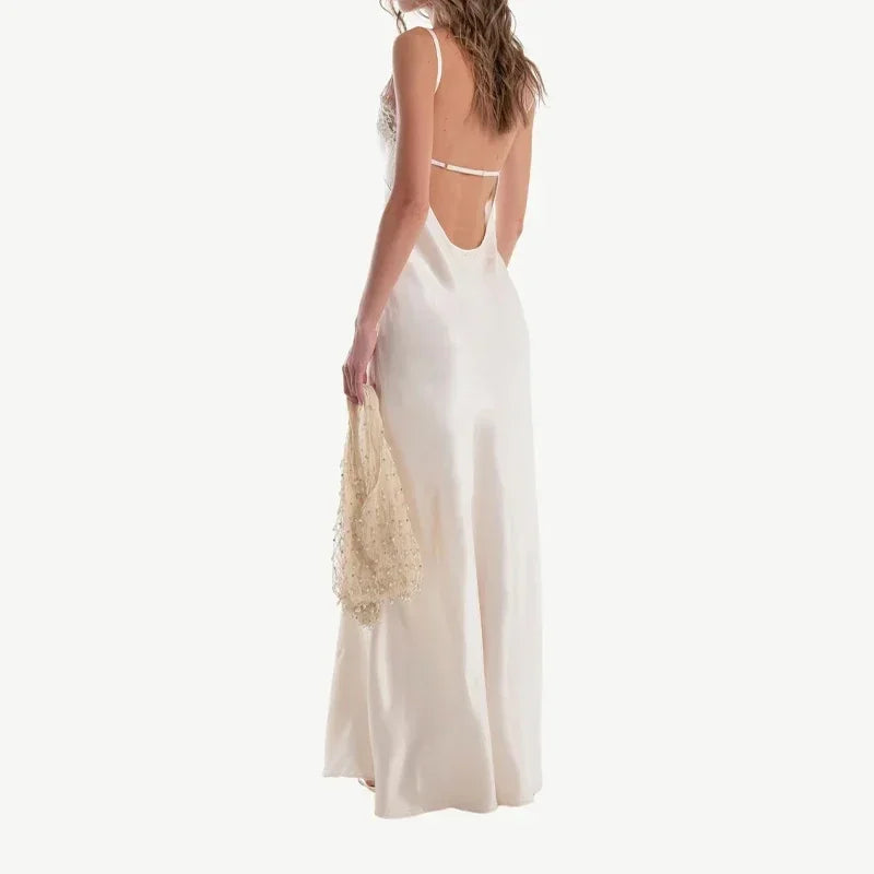 Women V-neck Satin Sling Maxi Dress Sexy White Lace Patchwork Sleeveless Backless Slim Gowns 2026 Evening Party Chic Dresses New