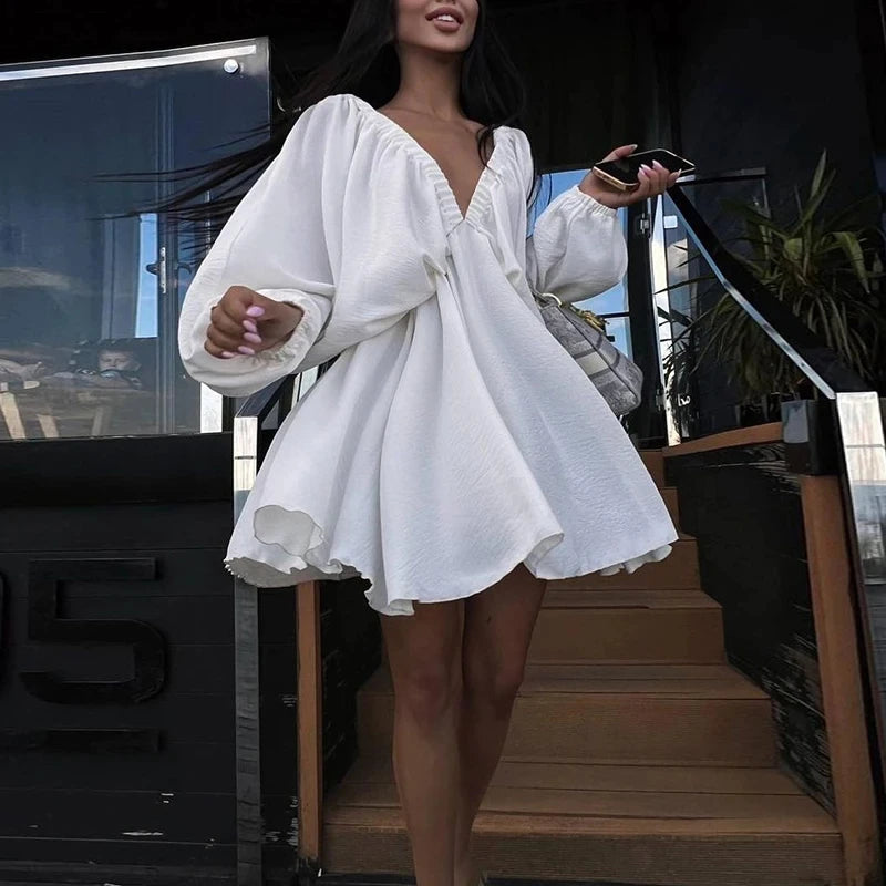 NHKDSASA Women Elegant Solid Loose Dress Summer Casual Long Sleeve Ruffle Dress Ladies Fashion V Neck A-line Party Dress Vestido