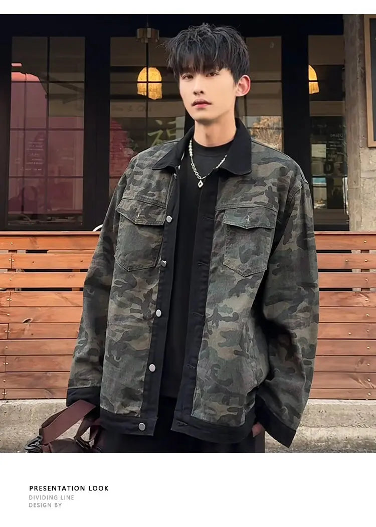 Men's Camouflage Denim Jacket Autumn Washed Turn down Collar Single-Breasted Long Sleeve Loose Fit Vintage Workwear Street Style