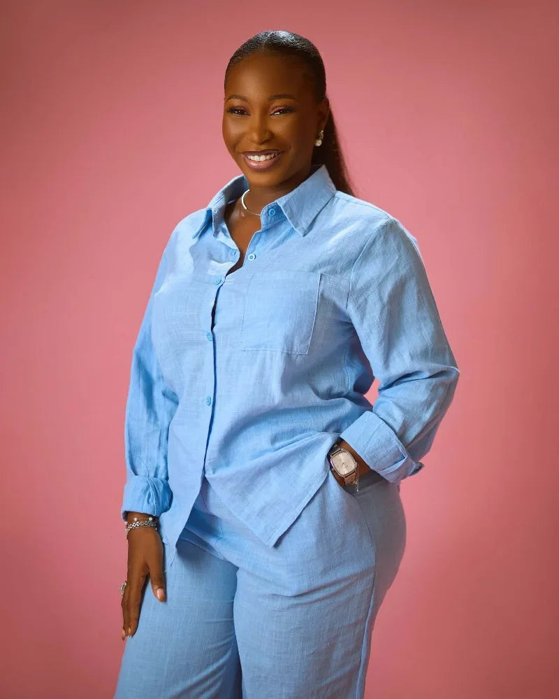 African Style Women 2 Piece Casual Outfits Blue Button Shirt & Wide Leg Pants Set Elegant Daily Streetwear Loose Loungewear