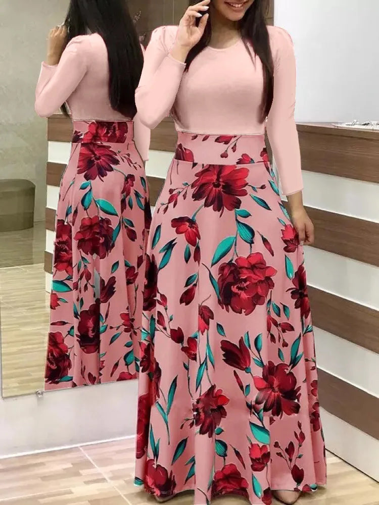 2024 European and American style flower print color matching short sleeved dress for women's large swing skirt BAZAARHUBO