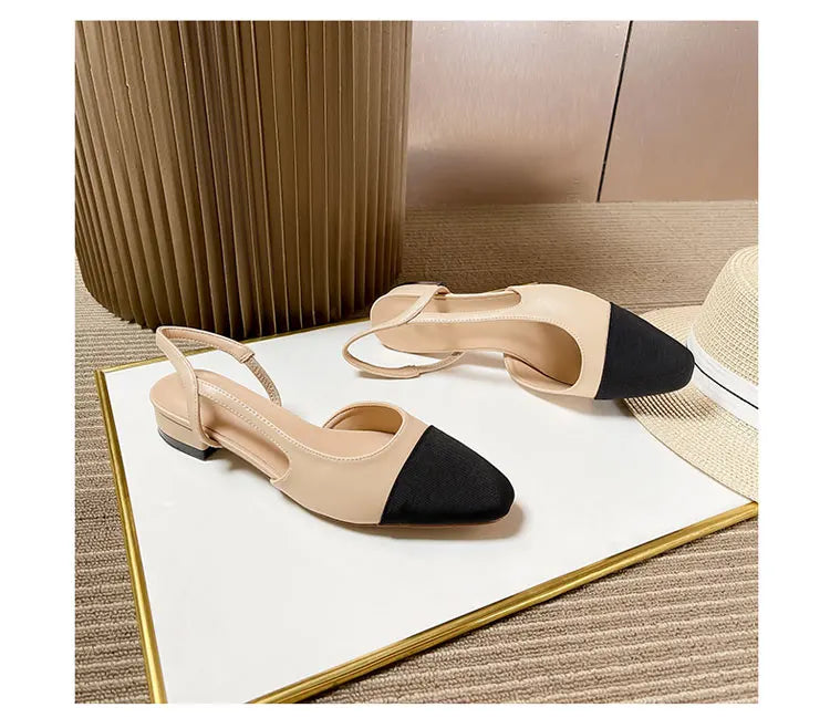 2023Spring Autumn Fashion High Heels Sandals Women's Dress Square Toe Slingback Shoes Women's Color Block Back With Flat Sandals