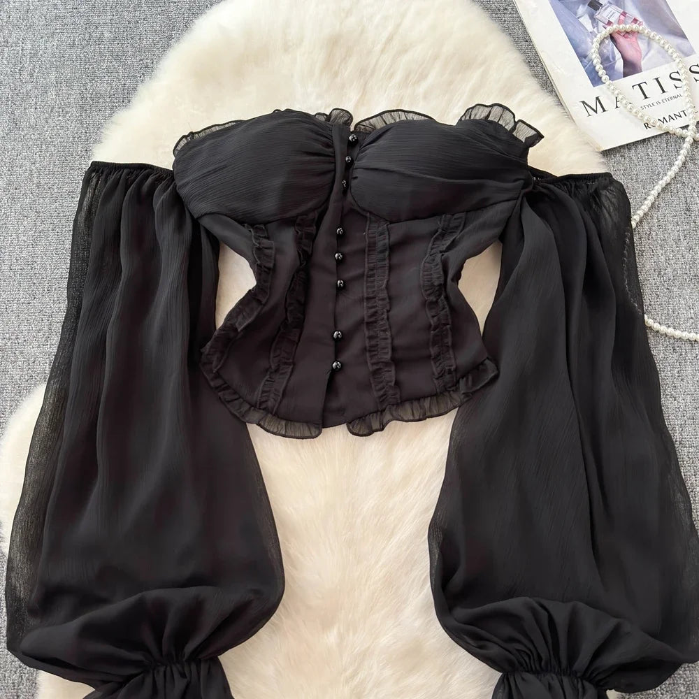 Chiffon Blouse for Women Slash Neck Off Shoulder Solid Color Camisas Ruffles Folds Backless Summer Blusas De Mujer Chic Dropship