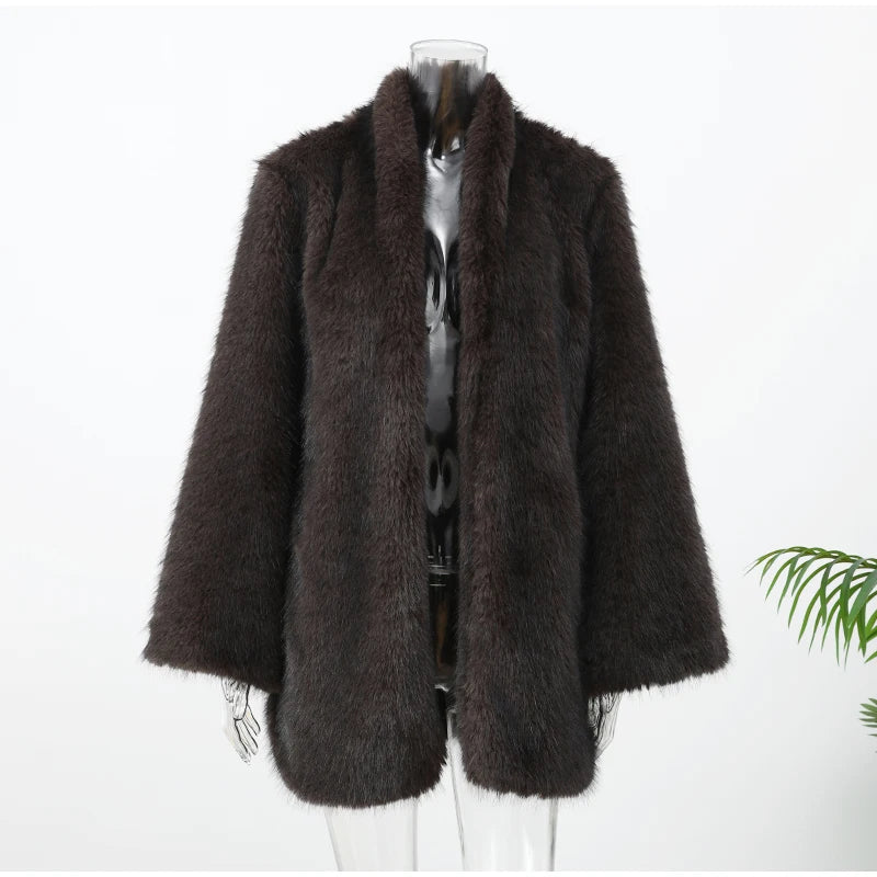 Women Thick Faux Fur Coat Lapel Hidden Button Loose  elegant lady Outerwear 2025 Fashion Female Street Commute Overcoat New