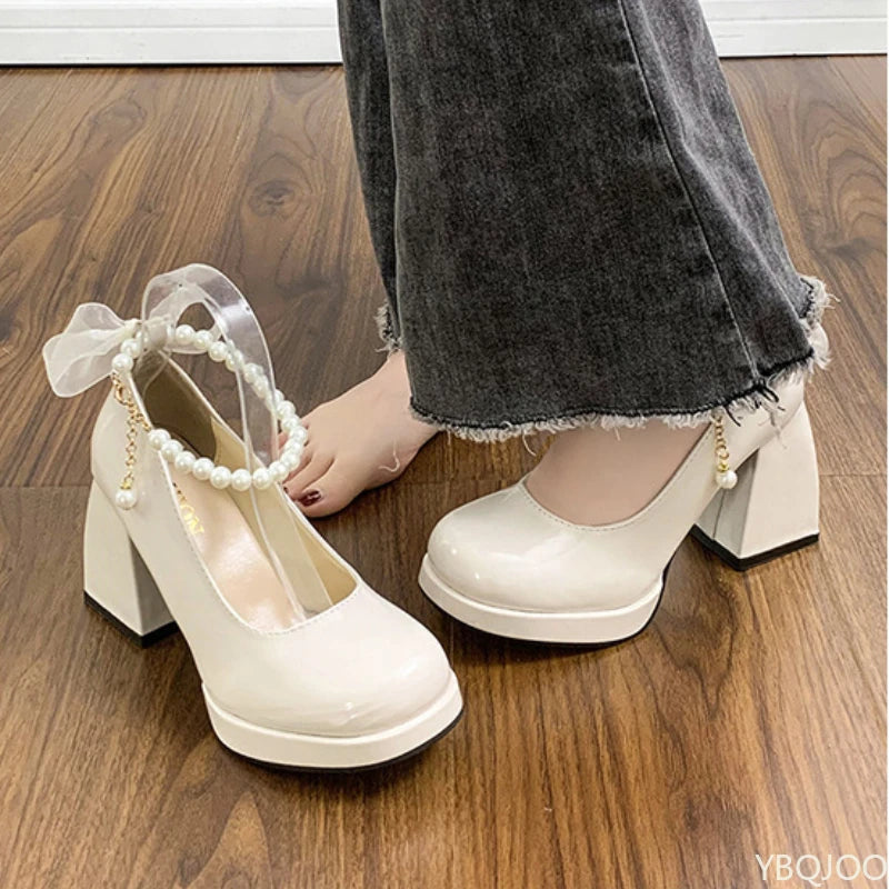 Ladies' elegant high heels Chunky Platform High Heels Women Leather Ankle Buckle Mary Jane Shoes Woman Pearl Pumps Zapatos Mujer