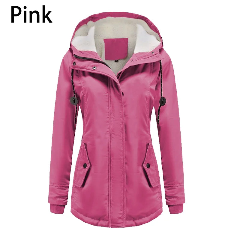 Winter warm coat Women's solid plush thickened jacket Outdoor hiking hooded windproof parka coat