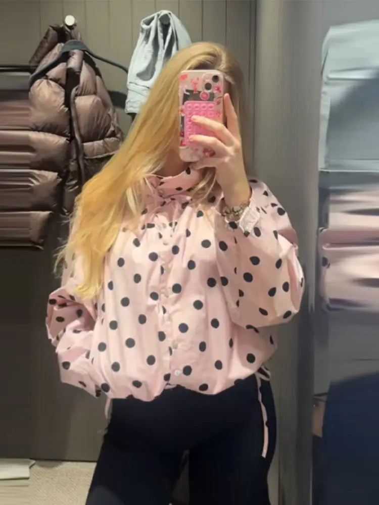 Chic Polka Dot High Neck Short Jacket For Women Long Sleeve Loose Lace Up Coat Commuter Casual Outwears 2026 New Lady Streetwear