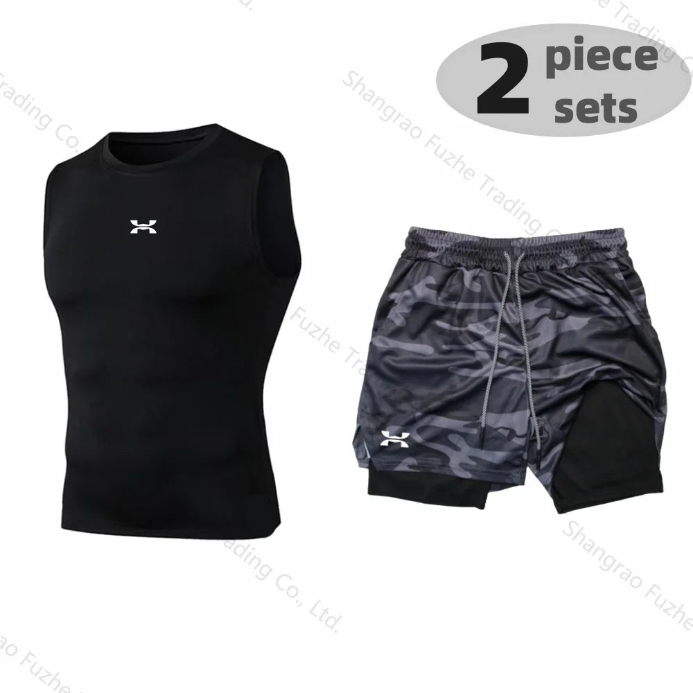 Sports Boxing Sets Basic Sleeveless Shirt+2-in-1 Shorts Sets Gym Compression Quick Drying Training Workout Stretch Skinny Sets