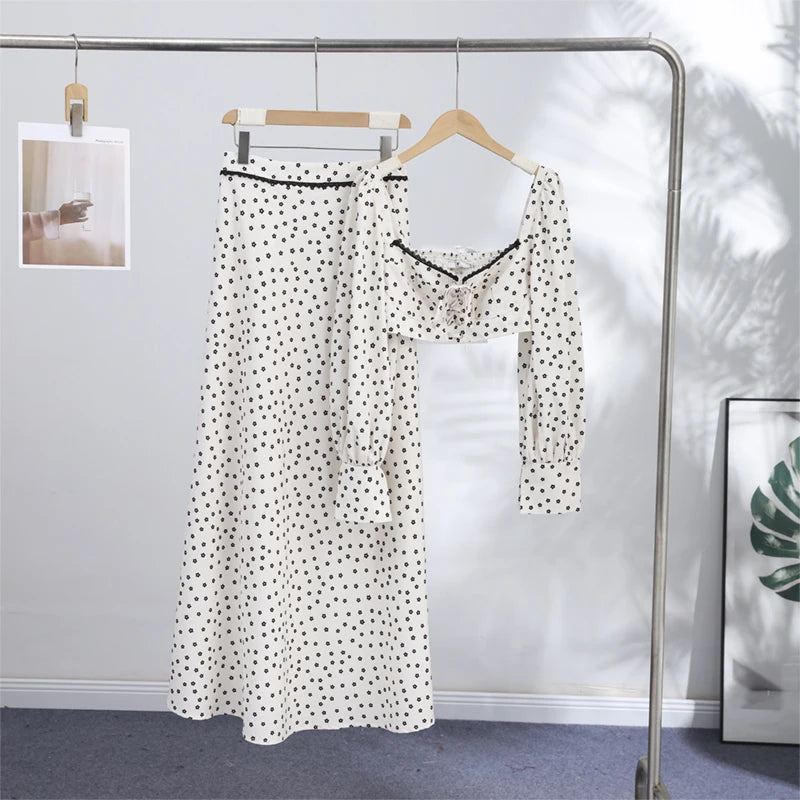 Fashion Women's Polka Dot Long Skirt Set Square Neck Lantern Sleeve Lace Crop Top High Waist A-line Skirts 2026 Summer Lady Suit