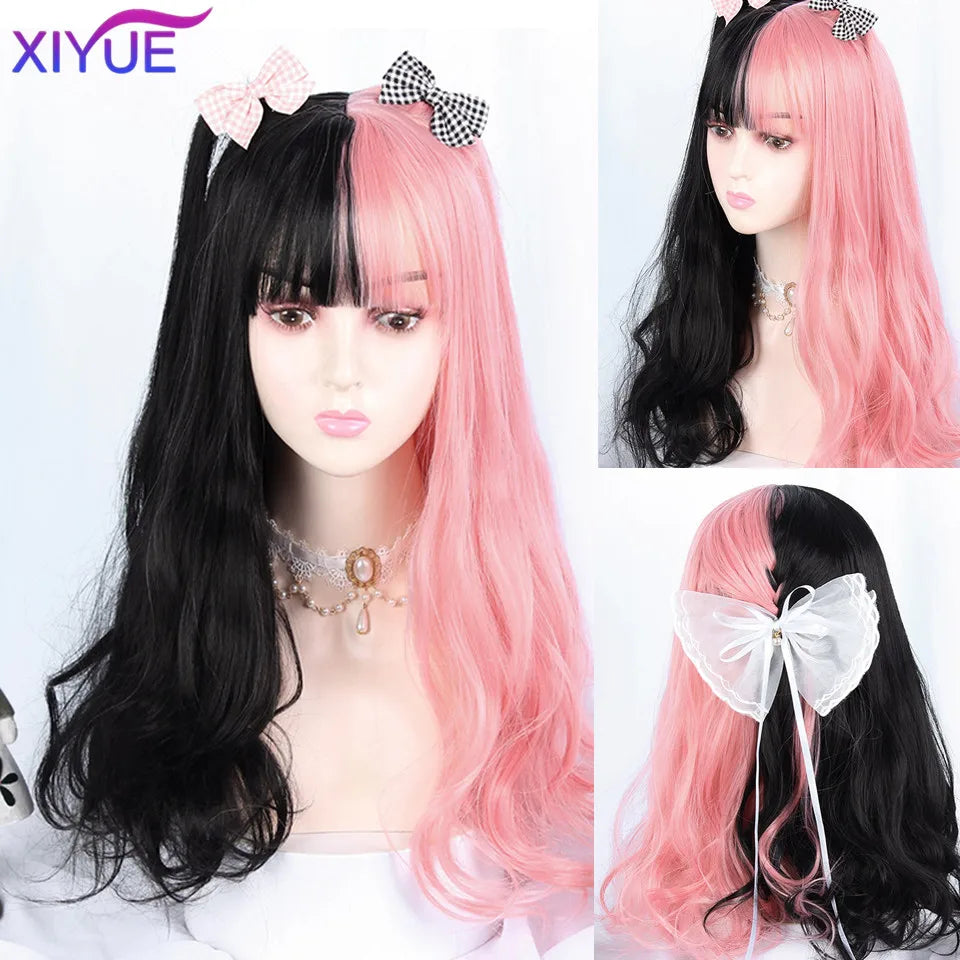 XIYUE Green Long Straight Synthetic Wigs for Women Natural Wave Wigs with Bangs Heat Resistant Cosplay Hair Halloween