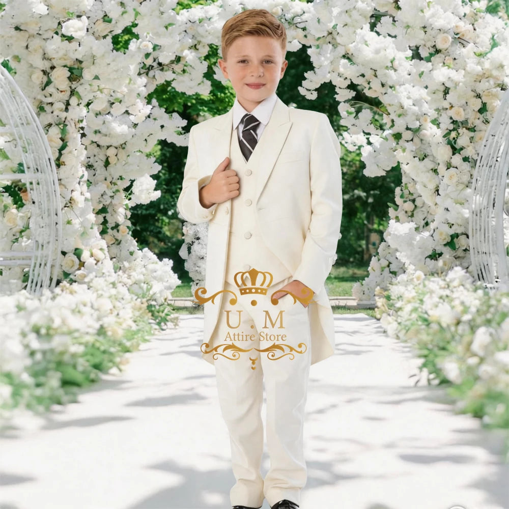 Custom Boys' 3-Piece Tuxedo Set Long Jacket Black Vest Pants Slim Fit Suit for Wedding Birthday Party Children Performances
