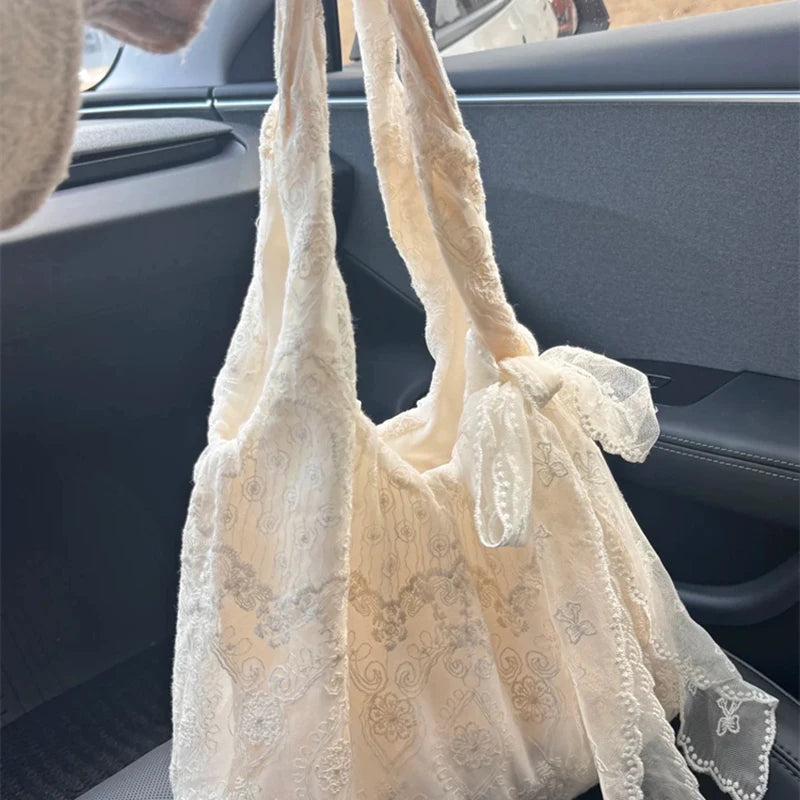 Korean Style Fresh Lace Flower Canvas Tote Bag Women's Large Capacity Single Shoulder Commuter Armpit Bag College Style
