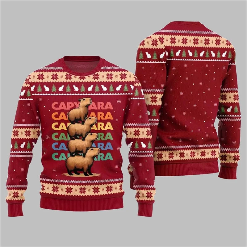 Cute Capybara Print Design Ugly Christmas Sweater Child Adult Long Sleeve Christmas Pullover Sweatshirt Festival Hot Men Sweater