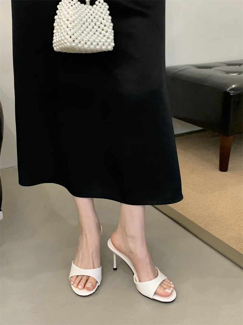 Liyke White Patent Leather Women Slippers Sandals Fashion Round Open Toe Thin High Heels Mules Slides Summer Party Dress Shoes