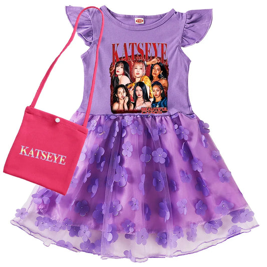 KATSEYE Kpop Clothes Kids Cartoon Summer Dress&bag Baby Girls Fly Sleeve Casual Dresses Girl Sequin Mesh Party Princess Vestidos