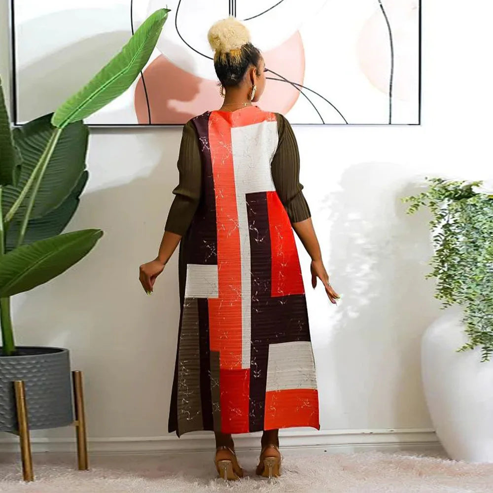 African Dresses for Women Summer Fashion Style African 3/4 Sleeve Polyester O-neck Pleated Dress Dashiki African Clothes Women