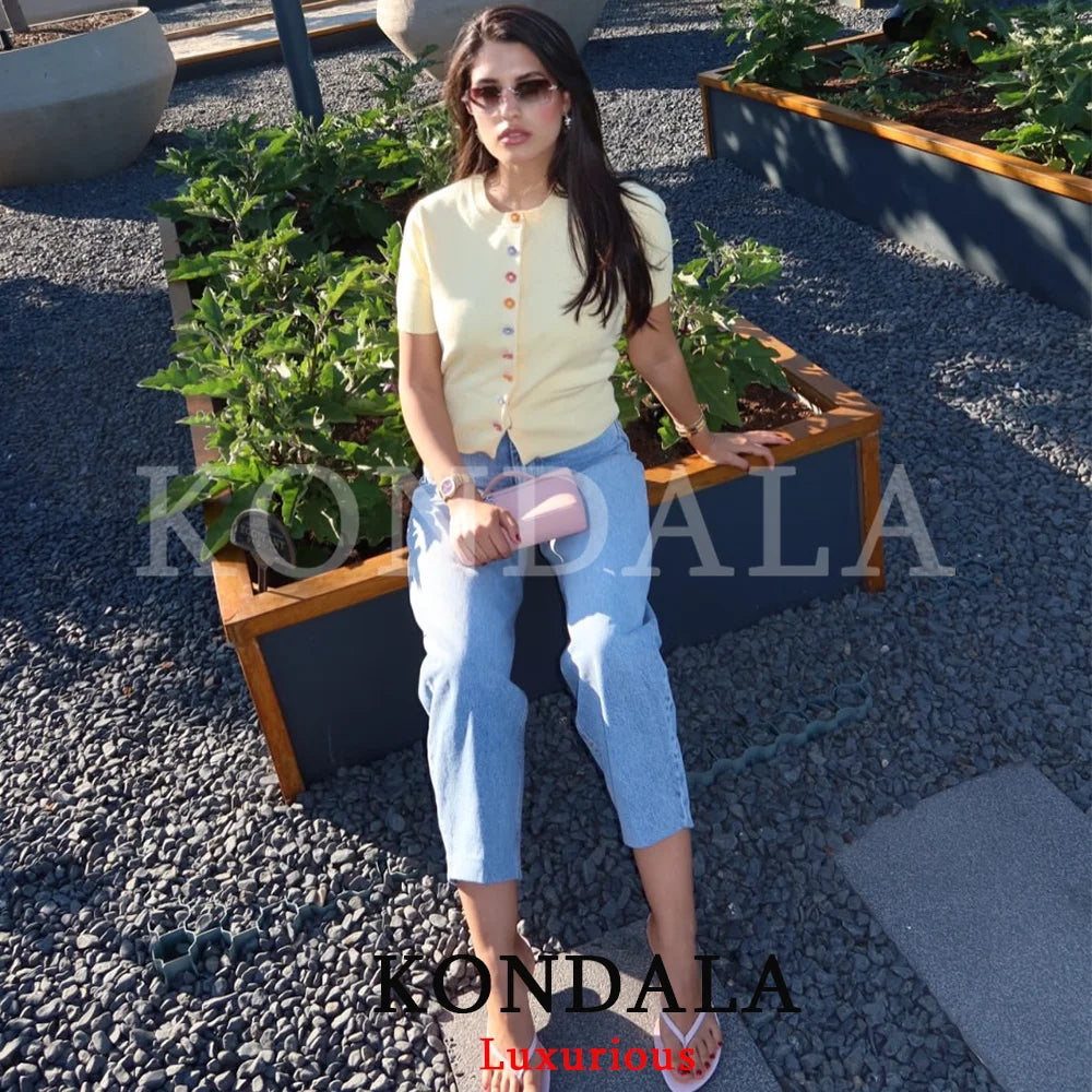 KONDALA Casual Butter Yellow Knit Cardigan Short Sleeve O Neck Flower Buttons Top Fashion 2026 Summer Holiday Women Knit Outwear