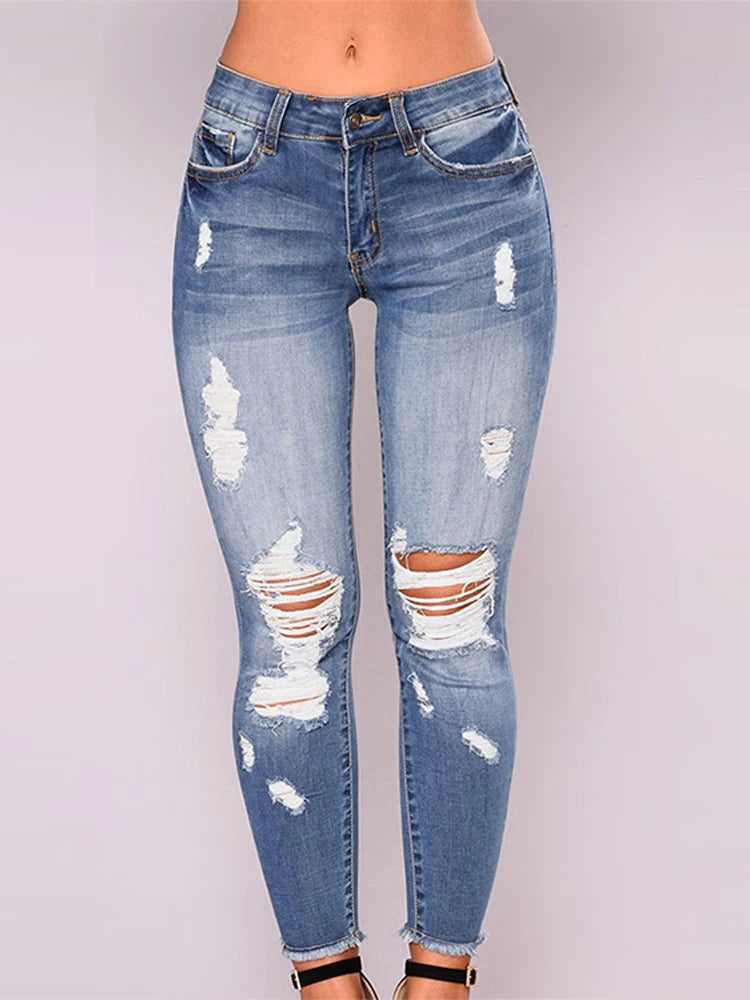 Women Ripped Jeans Low Waist Skinny Denim With Zipper Pockets Blue Y2K Summer