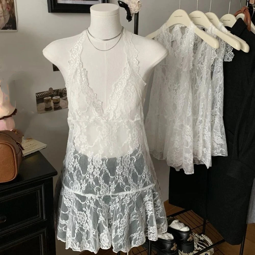 Fashion Transparent Lace Halter Dress V-neck Beachwear Lace-up Short Skirts A-line Spicy Girl Style Dresses Women Club