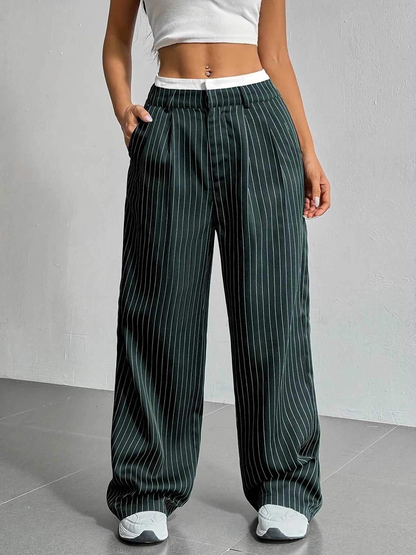 Fashion Pants Women's Stripe Straight Pants 2024 Autumn Winter High Waisted Casual Suit Pants Office Lady Women Trousers Bottoms BAZAARHUBO