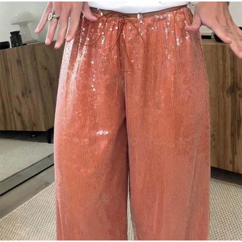 Women Sequin Pants Cinched Waist Glitter Baggy Straight Long Trousers