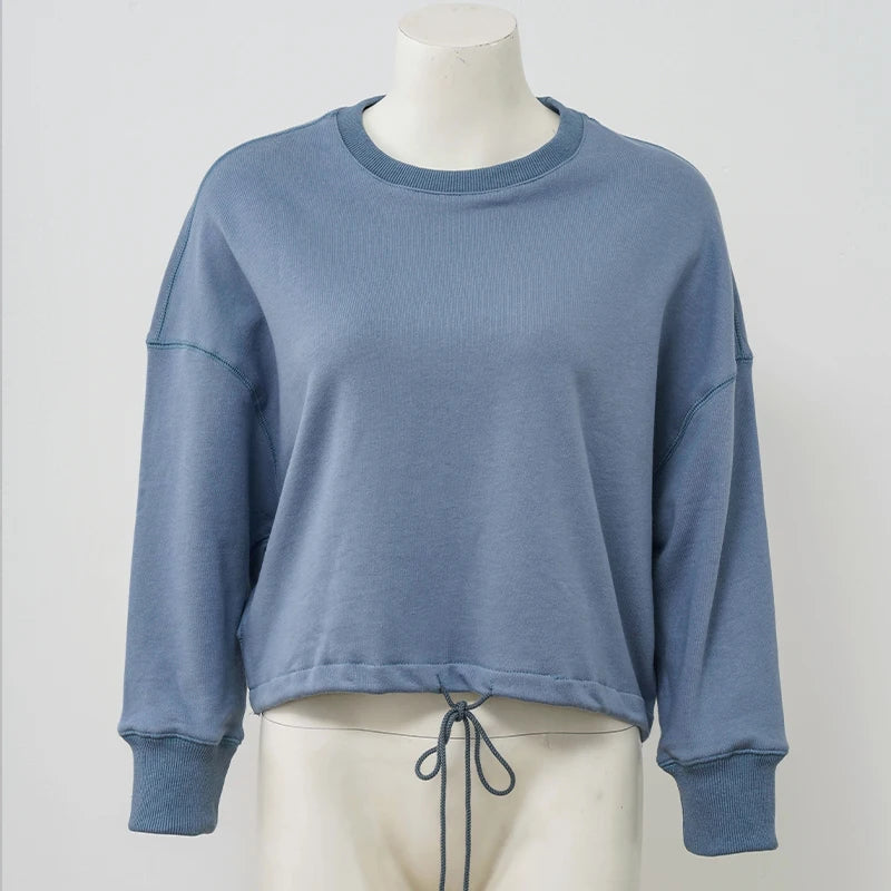 100% Cotton Women's Drawstring Sweatshirt Autumn New Casual Solid Long Sleeved Korean Fashion Streetwear Female Pullover