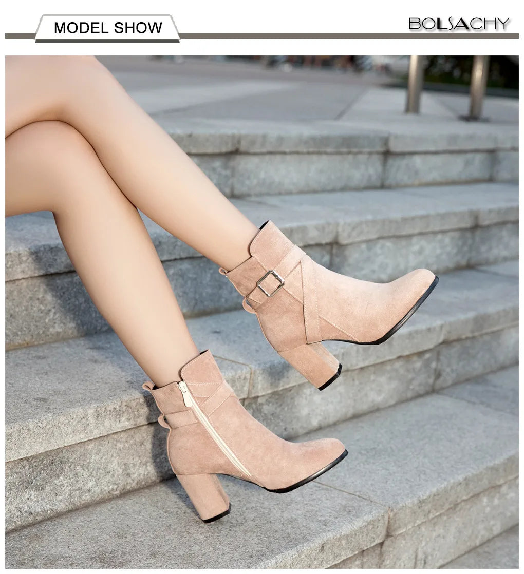 Women High Heels Ankle Boots 2025 Round Toe Elegant Short Booties Ladies Ankle Boots Buckle Decoration Black Blue Autumn Winter