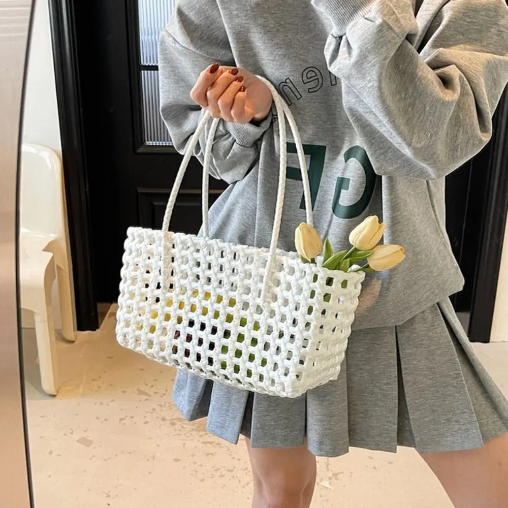 Simple Woven Women's Shoulder Bag Solid Color Large Capacity Tote Bag Hollow Handbag