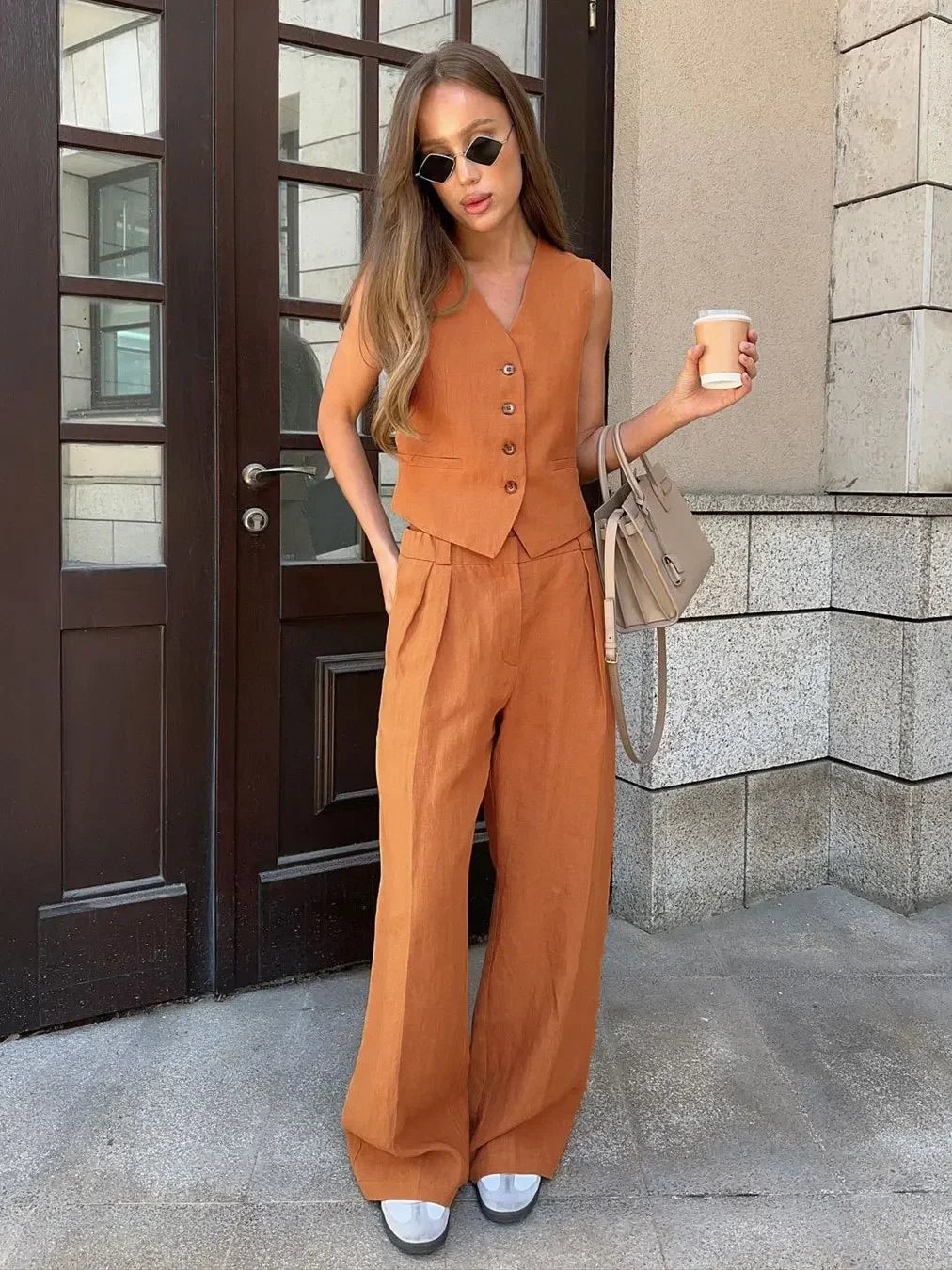 Sleeveless Vest Jacket Top Casual Pants Two-piece Set For Women's Wide Leg Pant Sets Sexy Summer Boho Cotton Linen Ladies Suits
