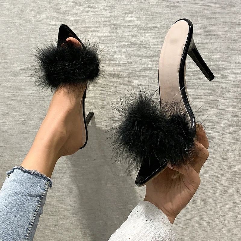 Women Modern Slippers Summer New Sexy Feather Decorate High Heels Stiletto Peep Toe Mules Plus Size Ladies Sexy Pumps Shoes