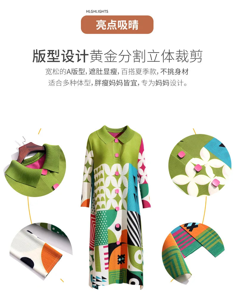 Miyake Pleated Dress Women 2024 Spring New High-End Design Sense Printing Lapel 3/4 Sleeve Single-breasted Fashion Shirt Dresses