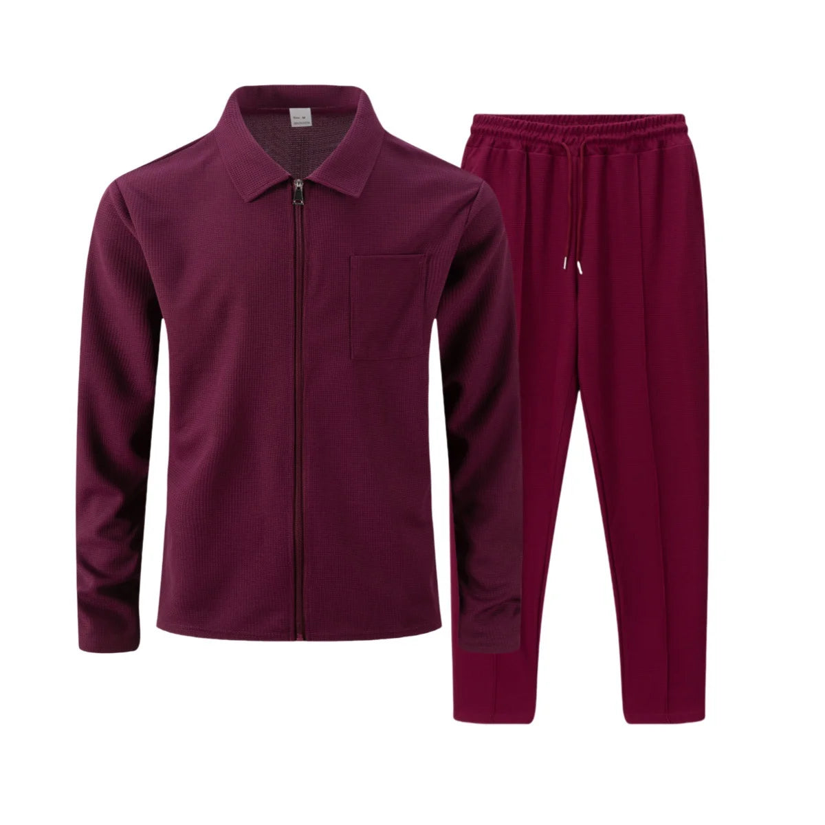 Mens Casual 2 Piece Set Waffle Texture Zip Up Jacket + Elastic Waist Trousers Comfortable Lightweight Suit for All