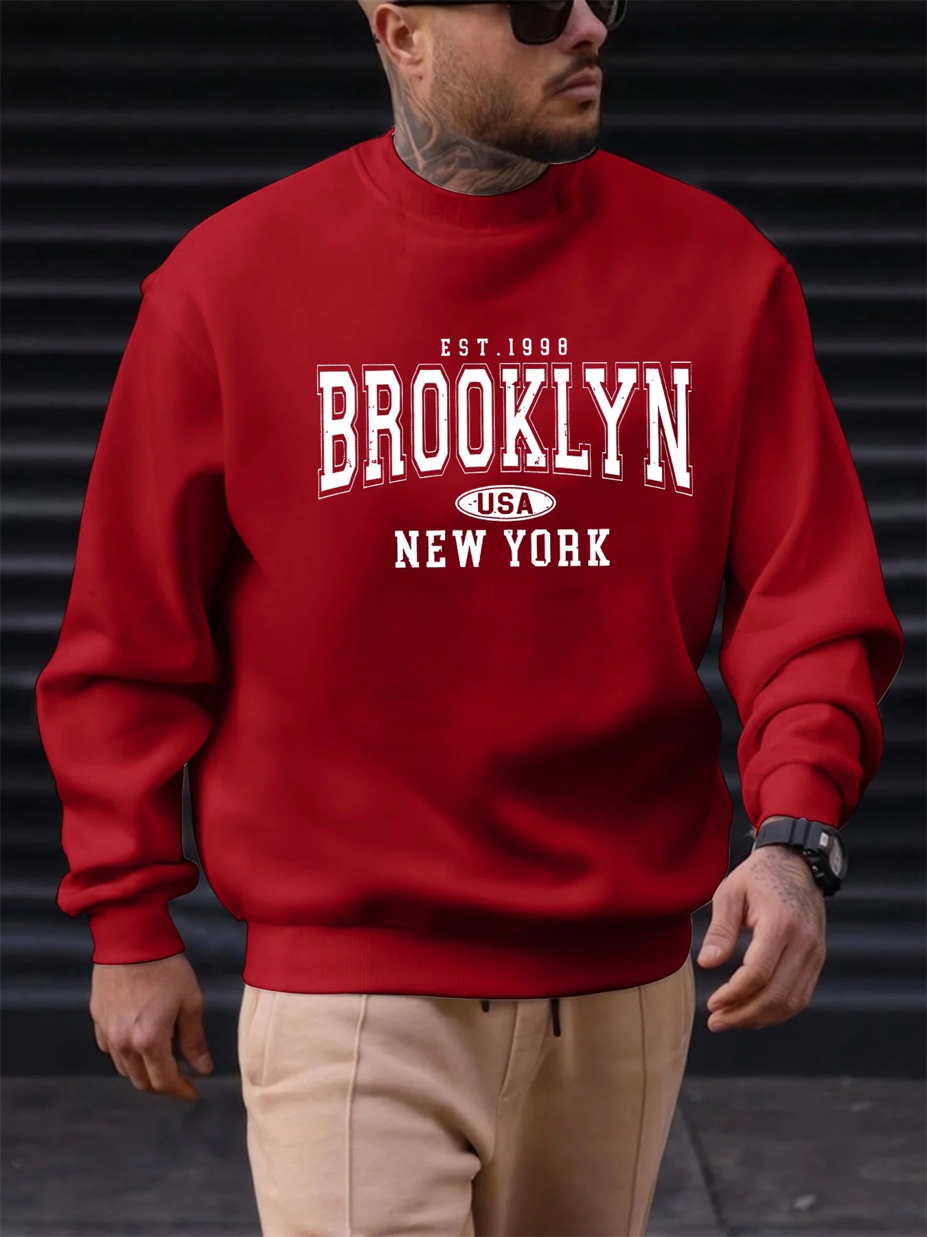 Men's autumn and winter fashionable casual loose Brooklyn letter pattern printed long sleeved round neck sweatshirt BAZAARHUBO