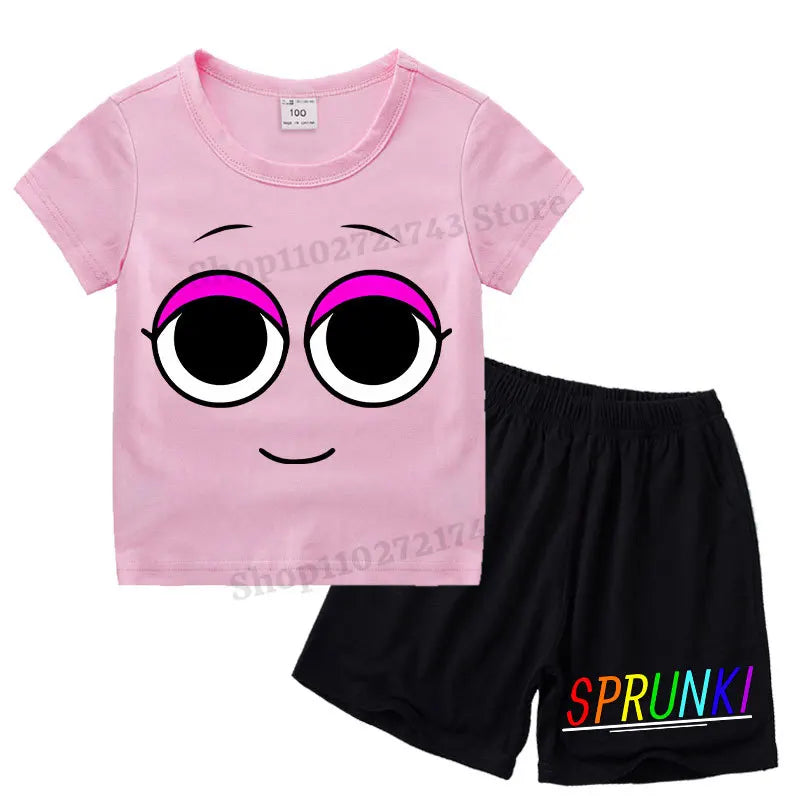 Kids 2 Piece Outfit Sprunki Red Face Character T-Shirt + Shorts Set Boys Girls 100% Cotton Casual Summer Pajamas Set
