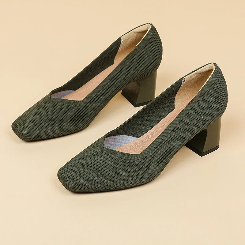 Shoes Woman High Heels Comfortable Square Knitted Breathable Comfortable Women's Flats Shoes (5cm High) 2025 New Collection