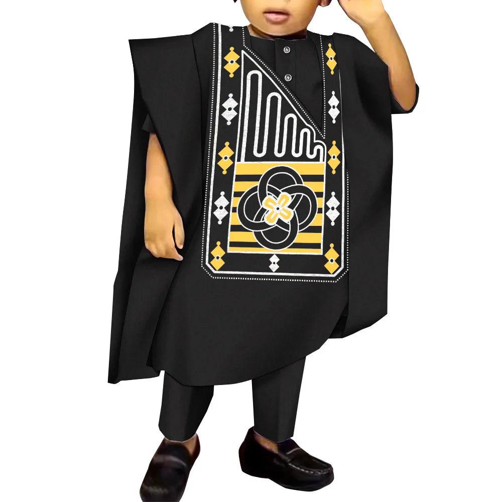 African Boy Embroidered Robe Set Children's Dress Gown Shirt and Trousers Three-piece Boys Traditional Clothing Party Wedding